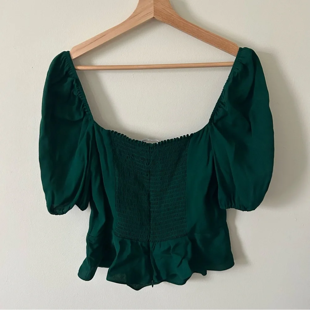 Reformation Emerald Green Puff Sleeve Peplum Top